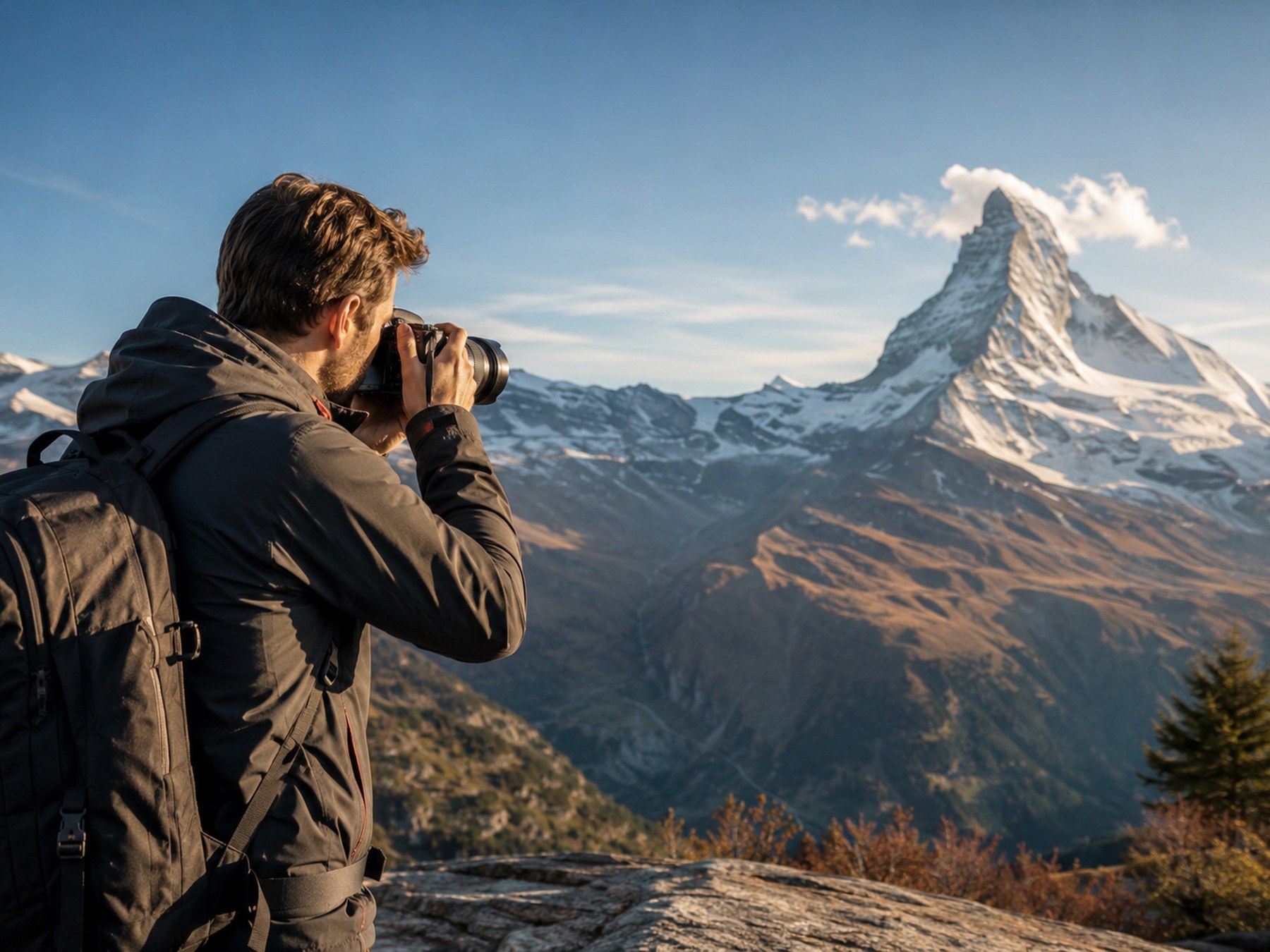 Fotograf bei einer Aufnahme vor Bergkulisse